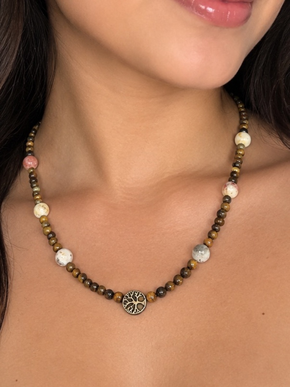 Tree of Life Brown and Cream Beaded Necklace